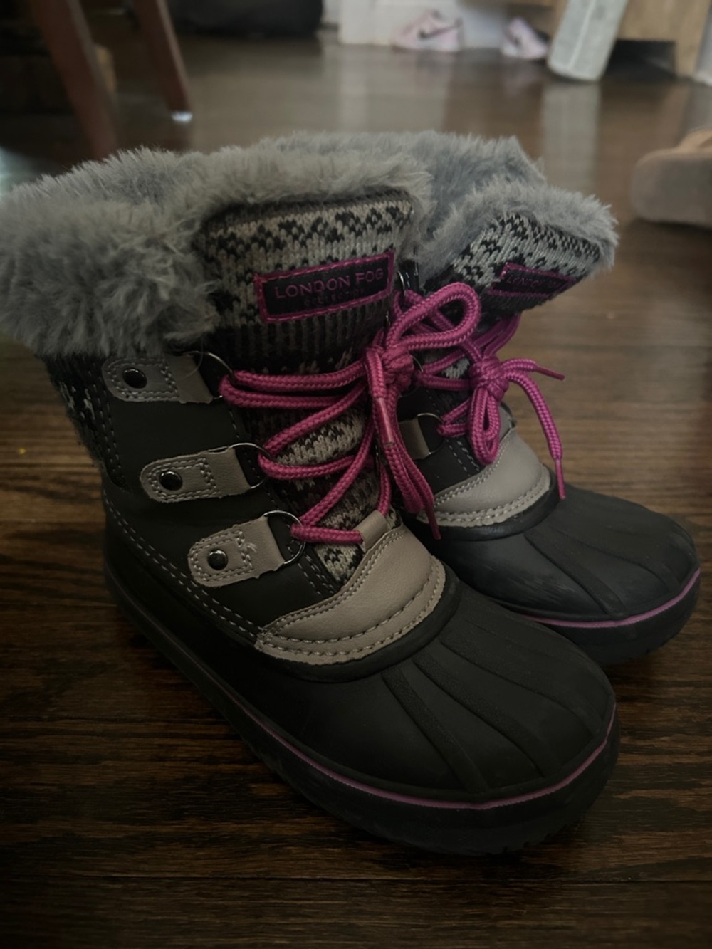 London Fog Gray and Pink Girls Winter Duck Boots